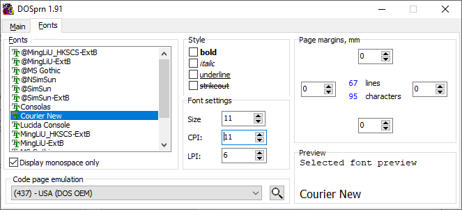 DOS printer codepages, margins and fonts selectable